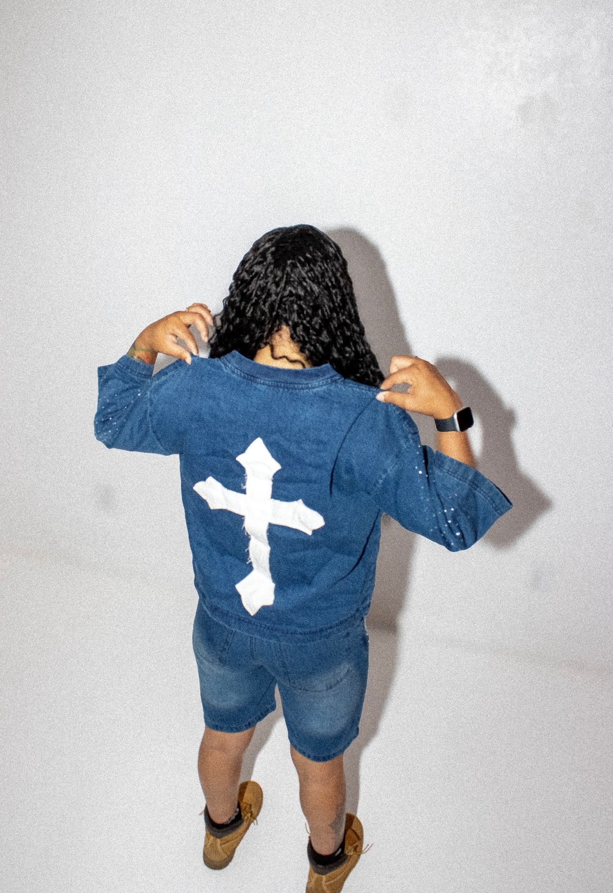 BLUE DENIM OVERSIZED SHIRT w RHINESTONES