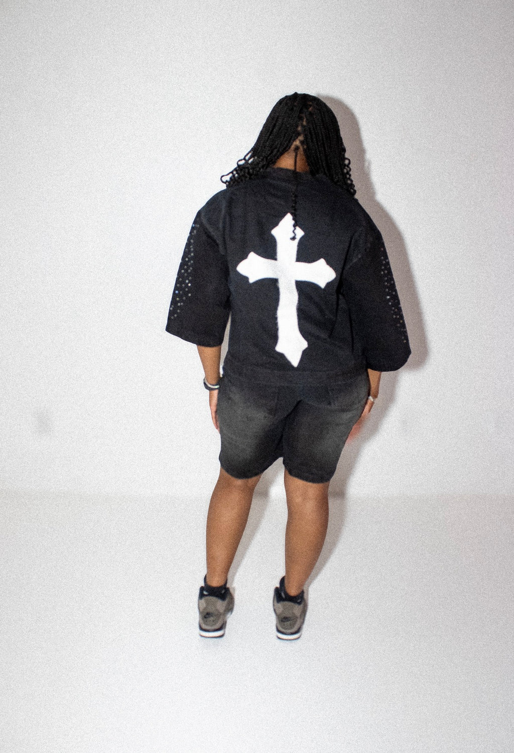 BLACK DENIM OVERSIZED SHIRT w RHINESTONES